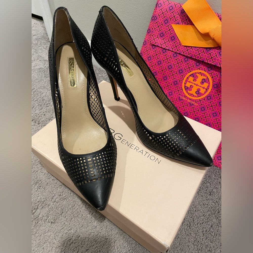 BCBG black lattice stiletto pumps size 10